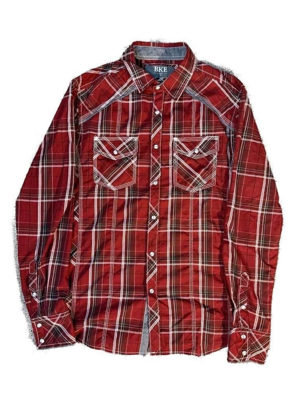 BKE Tailored Fit Red Plaid Western Pearl Snap Shirt Size M